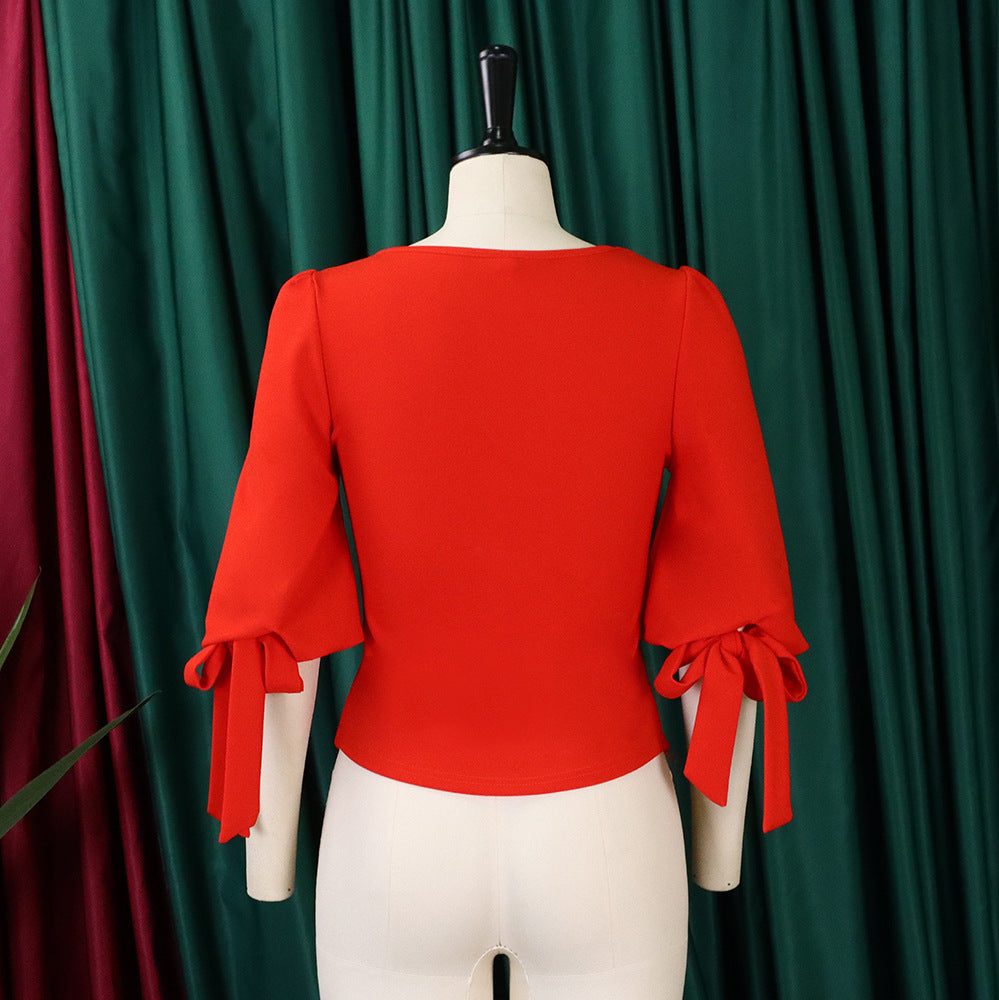 Women's Spring Fashion Chic Slim Fit Solid Lace-Up Bubble Sleeve Shirt 12