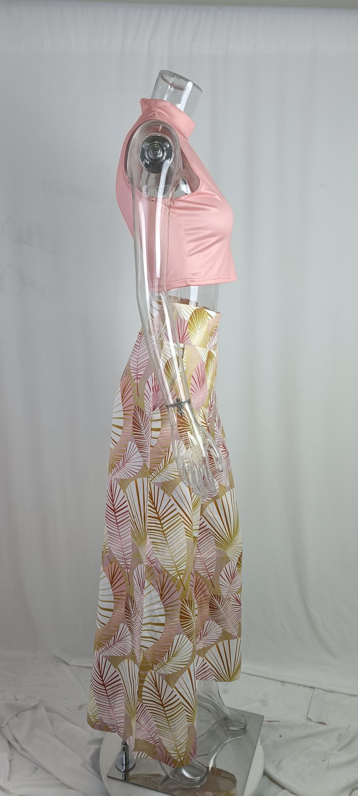 Women Round Neck Sleeveless Top and Print Pant Two Piece 7