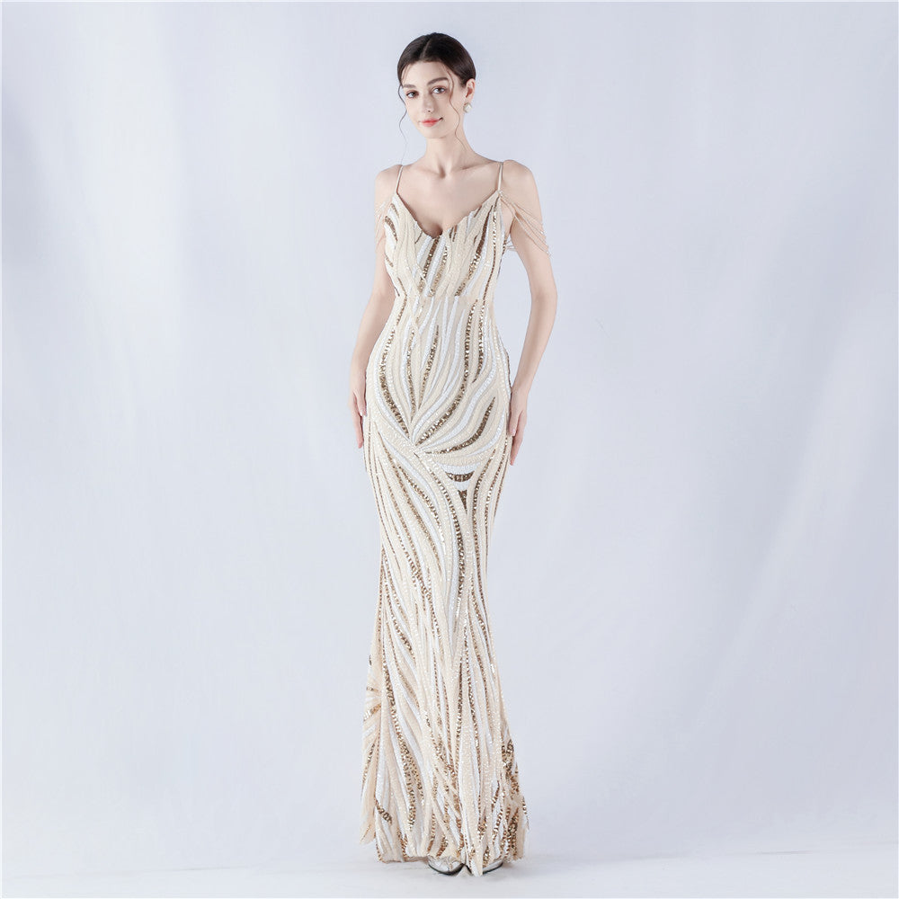 Women sequined striped color matching maxi evening dress