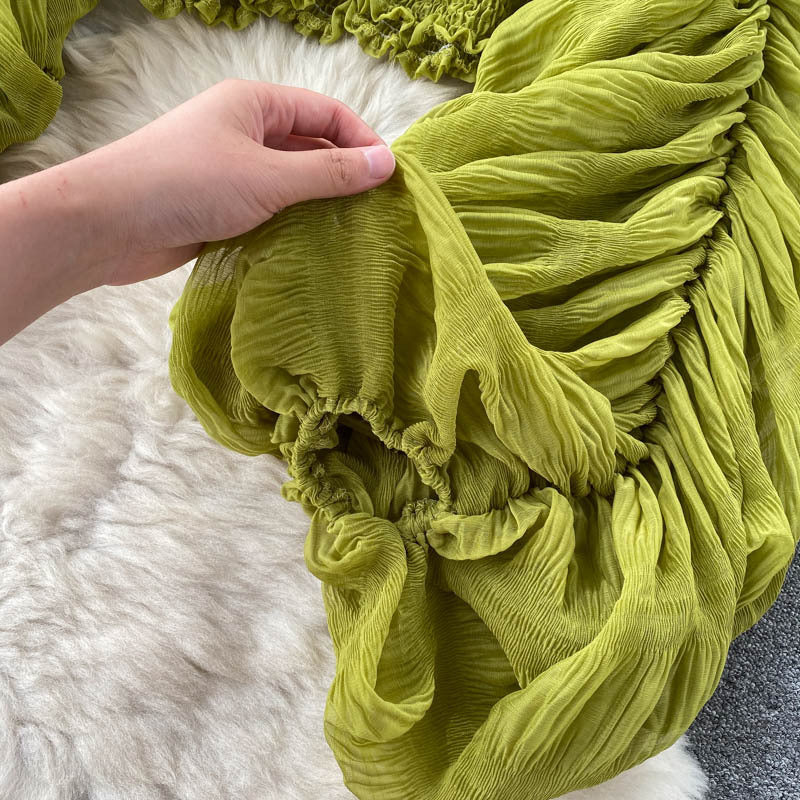 Pleated Puff Sleeves Slim Short Fashionable Chiffon Shirt Tops 38