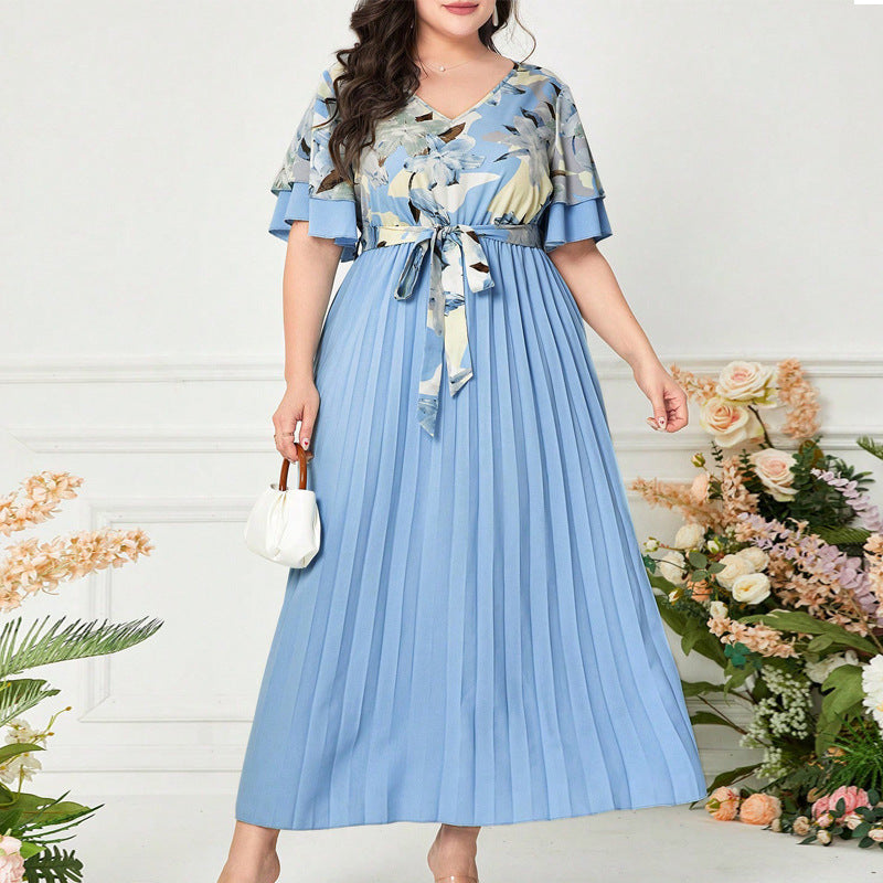 Plus size Women trendy pleated summer print v-neck dress 6