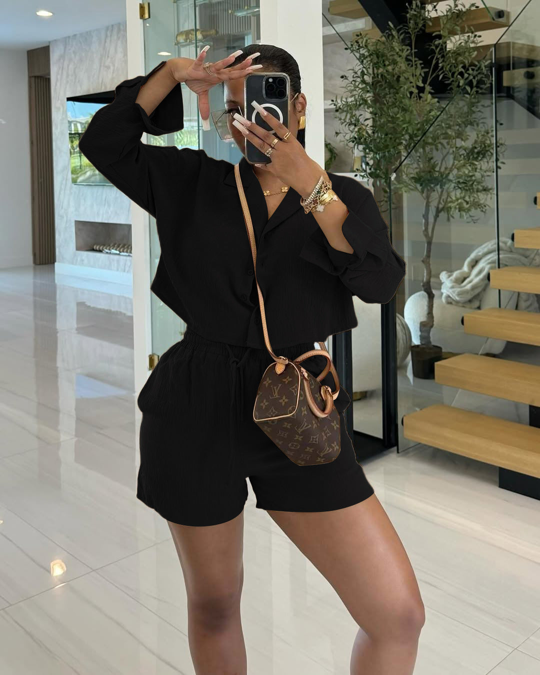 Women's Solid Color Long Sleeve Shirt Shorts Two-Piece Set 5