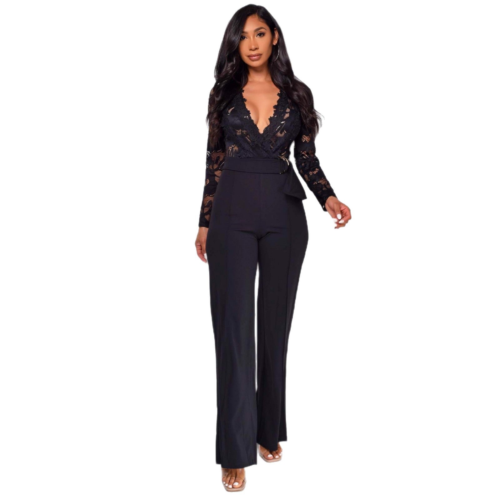 Women Lace Patchwork Long-Sleeved Casual Wide-Leg Jumpsuit 7