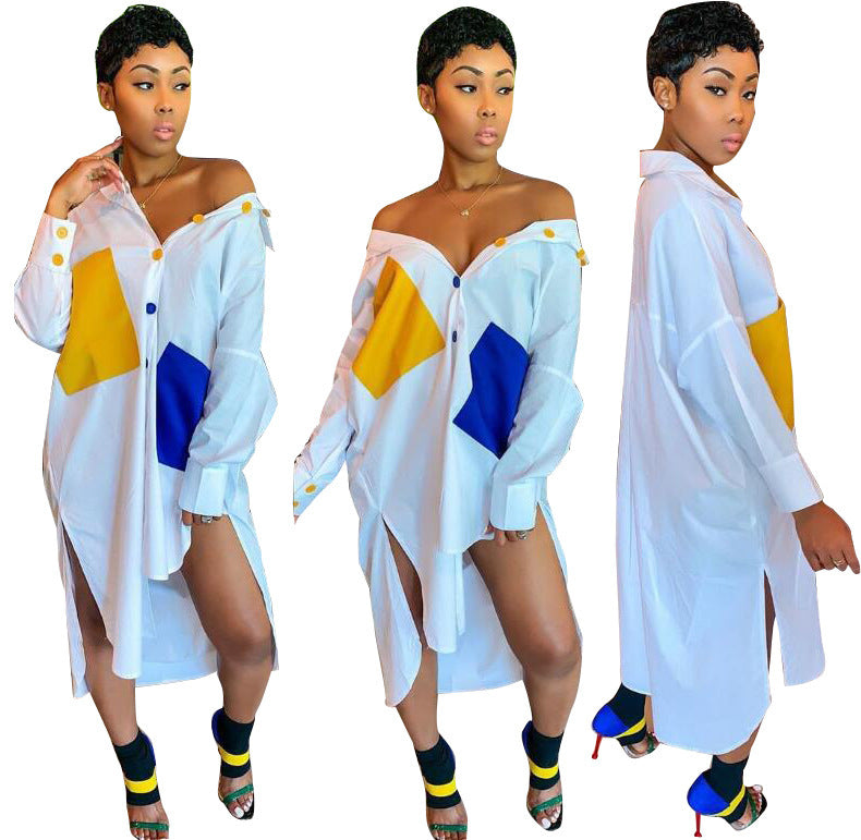 Sexy Color Block Pocket Long Shirtwomen's Clothing 8