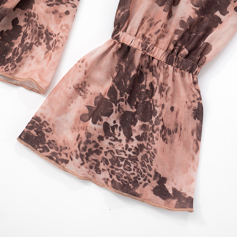 Women Summer/Autumn Ruffled Collar Long-Sleeved Mesh Leopard Print Off-The-Shoulder Pleated Dress 24