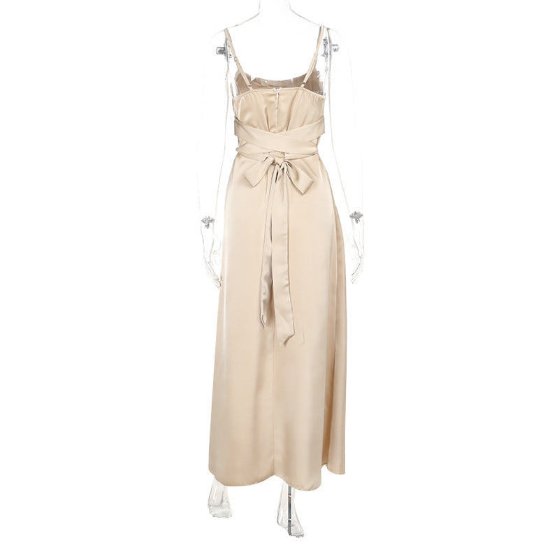 Summer Sexy Lace-Up Slim Waist Strap Satin Long Dress 9