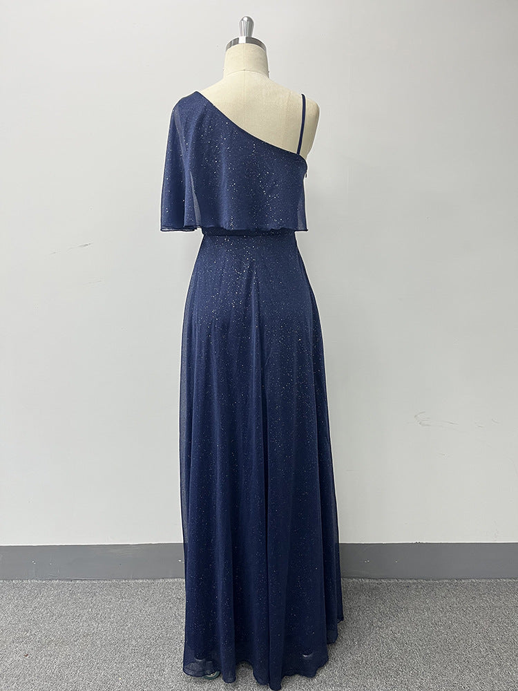 Ladies One Shoulder Short Sleeve Side Slit Evening Dress A-Line Shiny Long Party Prom 12