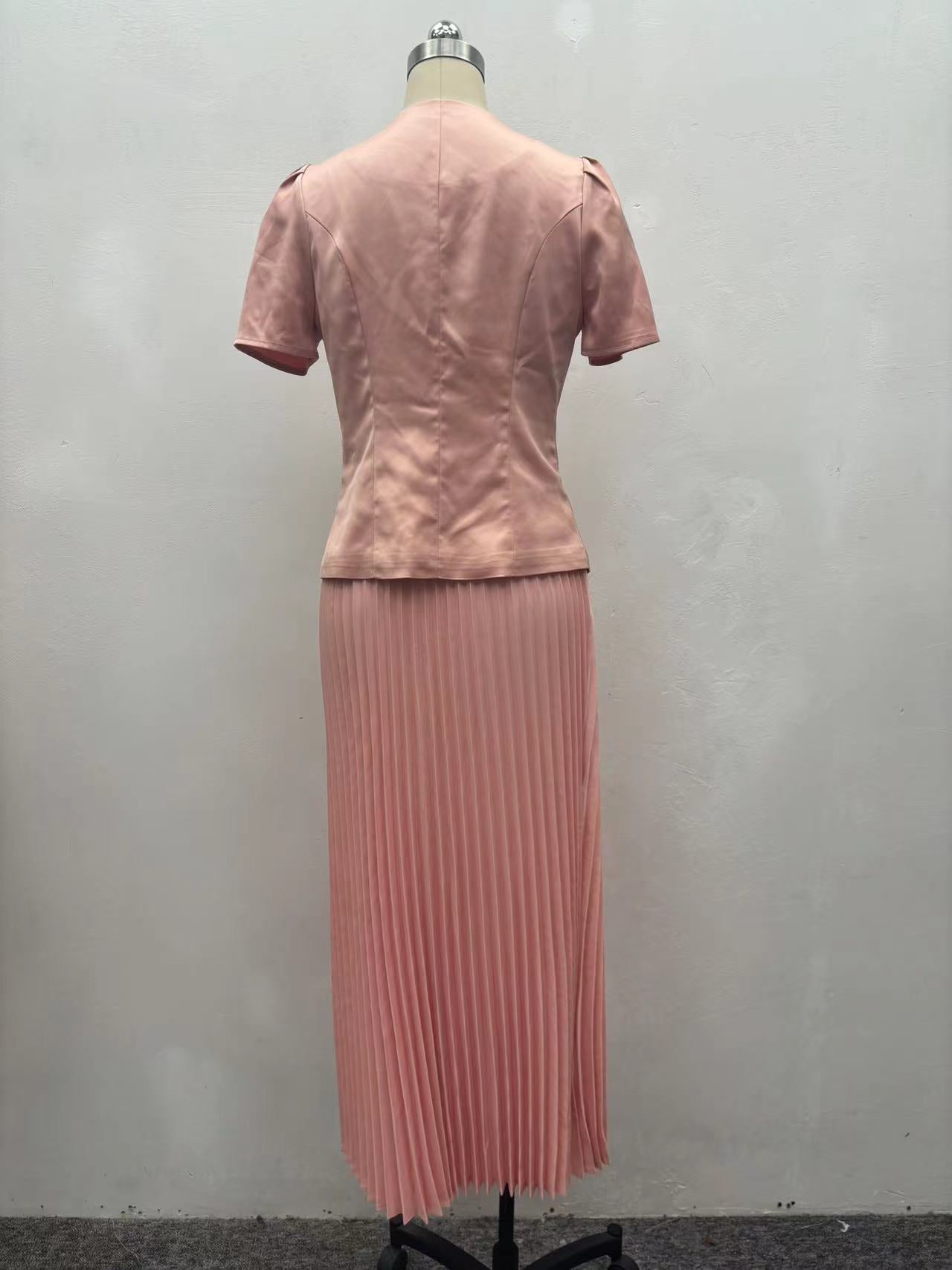 Autumn Career Women Button Short-Sleeved Top Pleated Skirt African Two-Piece Set 6