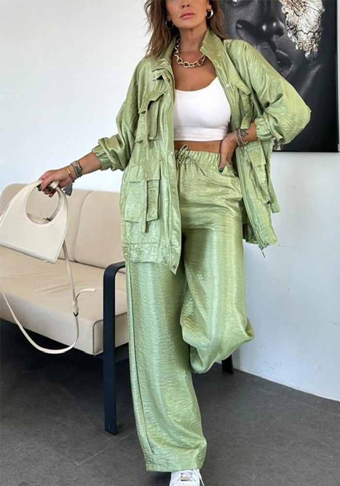 Women's Solid Color Fashionable Long-Sleeved Pockets Jacket Straight-Leg Trousers Two-Piece Set