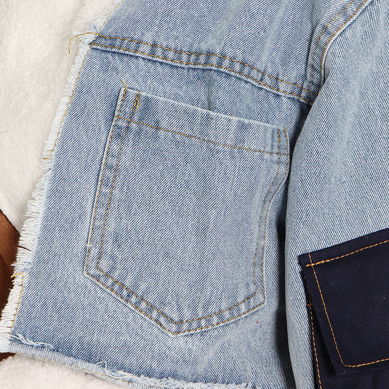 Women Autumn/Winter Turndown Collar Long Sleeve Lace-Fly Lamb Maxi Colorblock Denim Coat 22