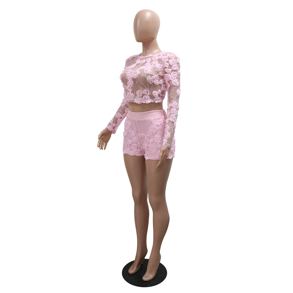 Women round neck long sleeve top and sexy shorts two-piece set 6