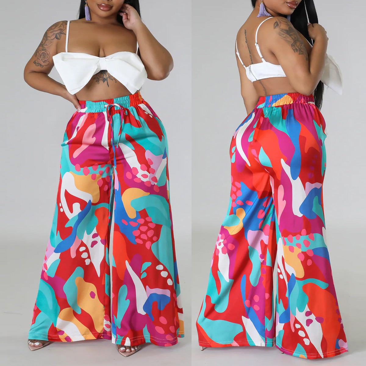 Plus Size Women Casual Tie Print Pocket Wide Leg Pants 3