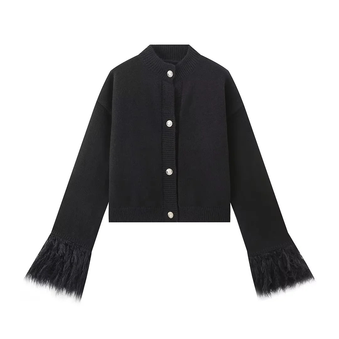 Women's Furry Patchwork Long Sleeve Button Knitting Cardigan 8