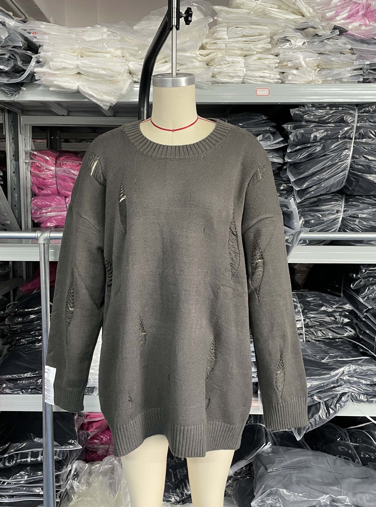 Women Casual Ripped Round Neck Loose Long Sleeve Sweater 14