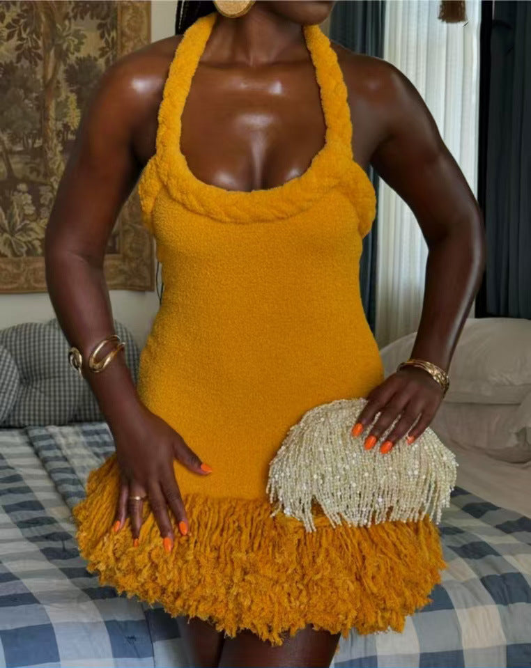 Autumn and Winter Braided Twist Rope Strap Tassel Short Dress 3