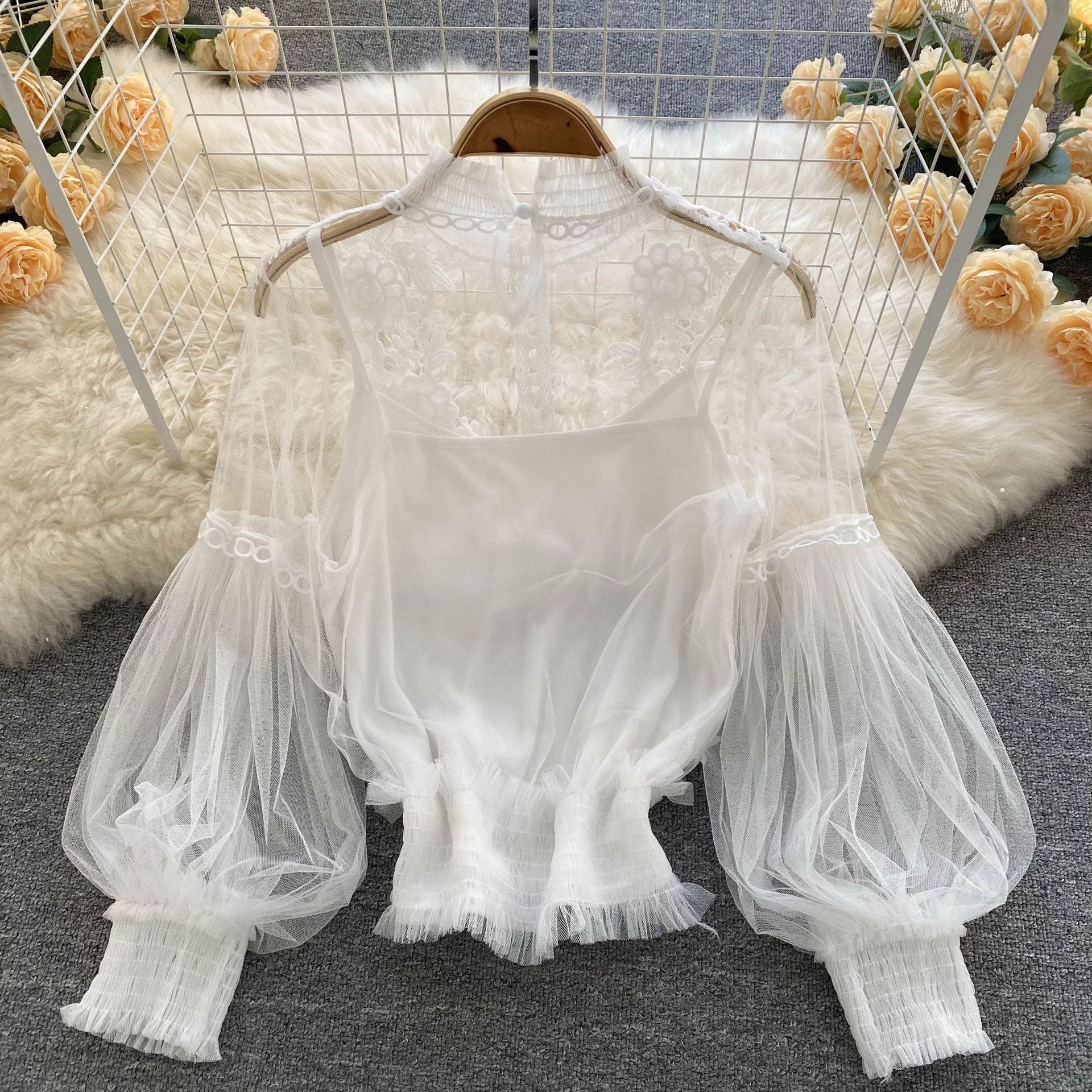 Women Flowers See-Through Mesh Lantern Sleeves lace crop Top 24