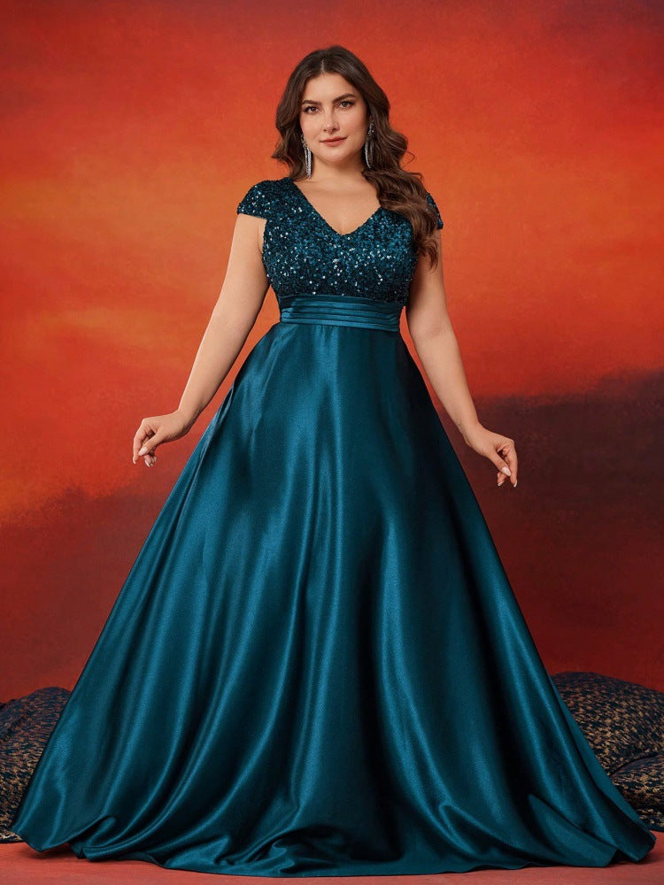 Plus Size Women sequined v-neck Formal Party elegant evening dress 9