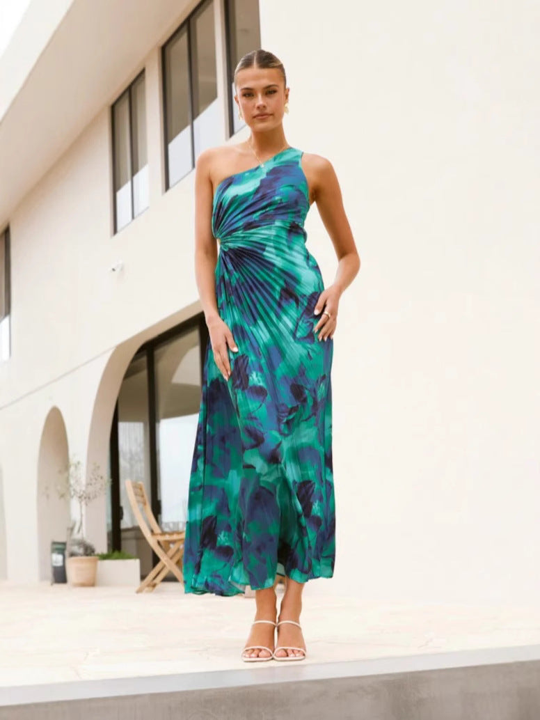 Women Sexy Slash Shoulder Sleeveless Halter Neck Printed Slit Dress