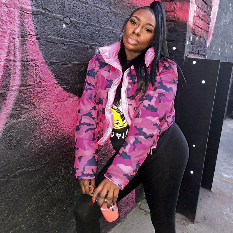 Winter Turndown Collar Camo Print Zip Reversible Women's Cotton Top 30