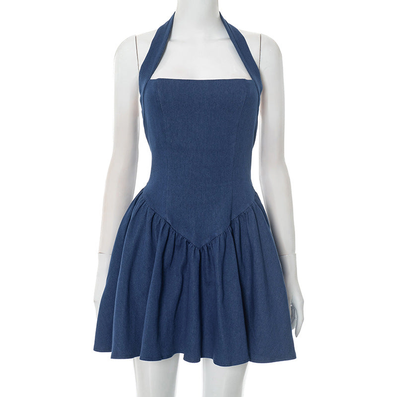 Women Sexy Denim Halter Neck Backless Dress 5