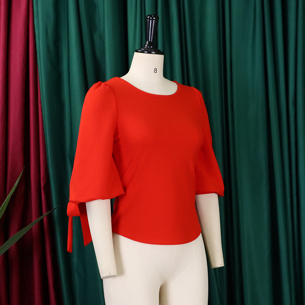 Women's Spring Fashion Chic Slim Fit Solid Lace-Up Bubble Sleeve Shirt 13