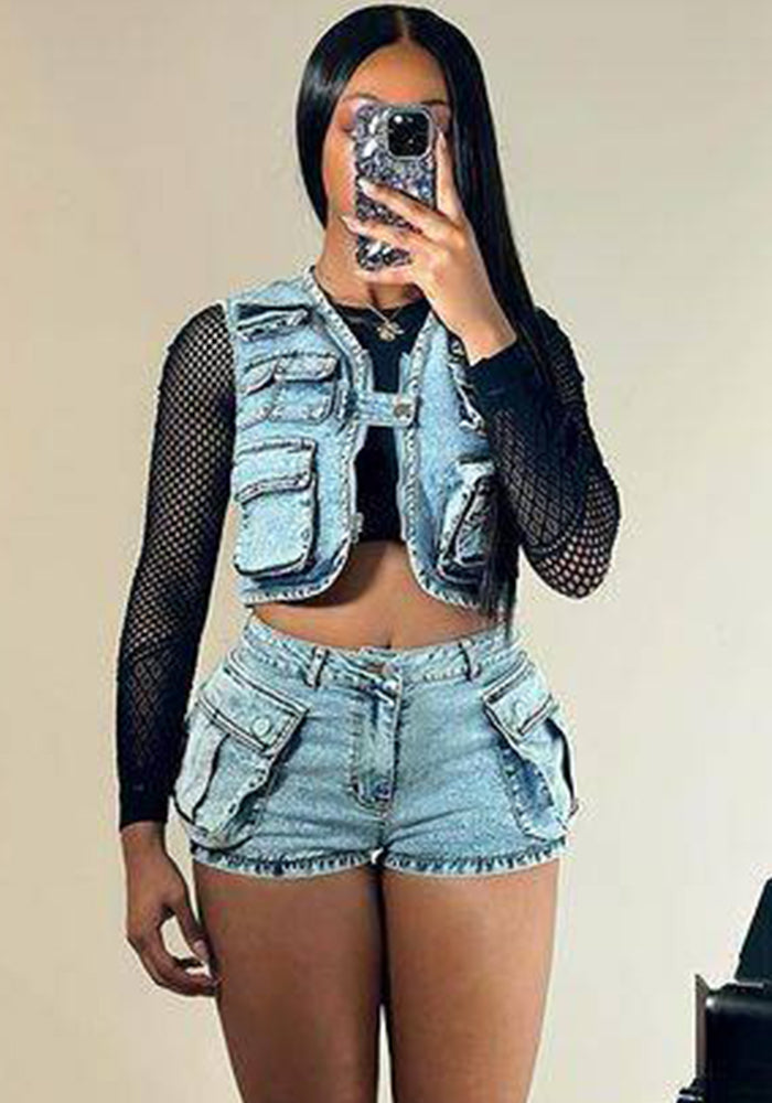 Denim Shorts Multi-Pocket Sleeveless Two Piece Denim Shorts Set
