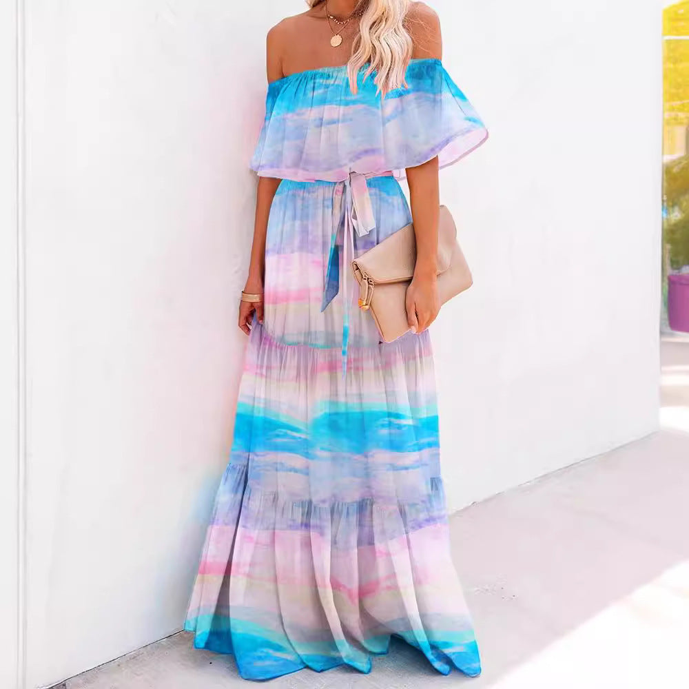 Women's Gradient Color Printed Off Shoulder Maxi Dress