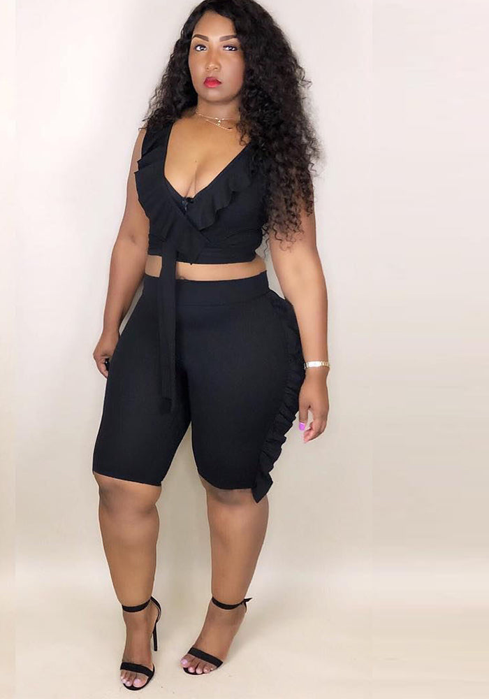 Women Bow Ruffle Sleeveless Top and Shorts Two-Piece Set