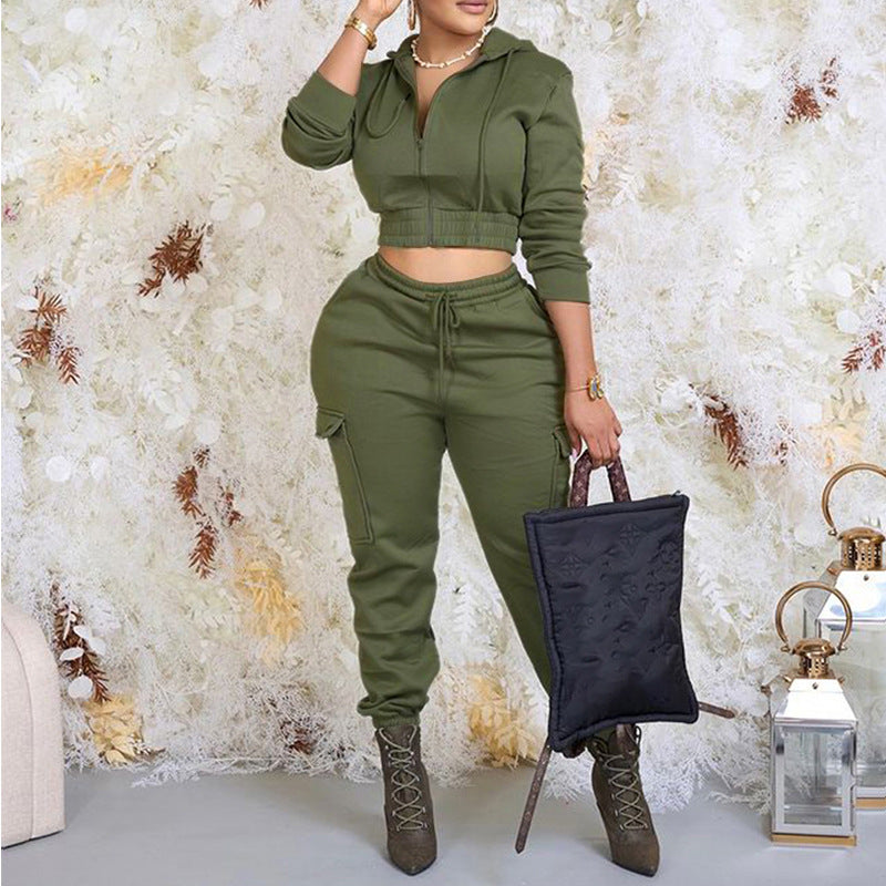 Spring Autumn Women's Fashion Chic Solid Color Zipper Hoodies Trousers Two-Piece Tracksuit
