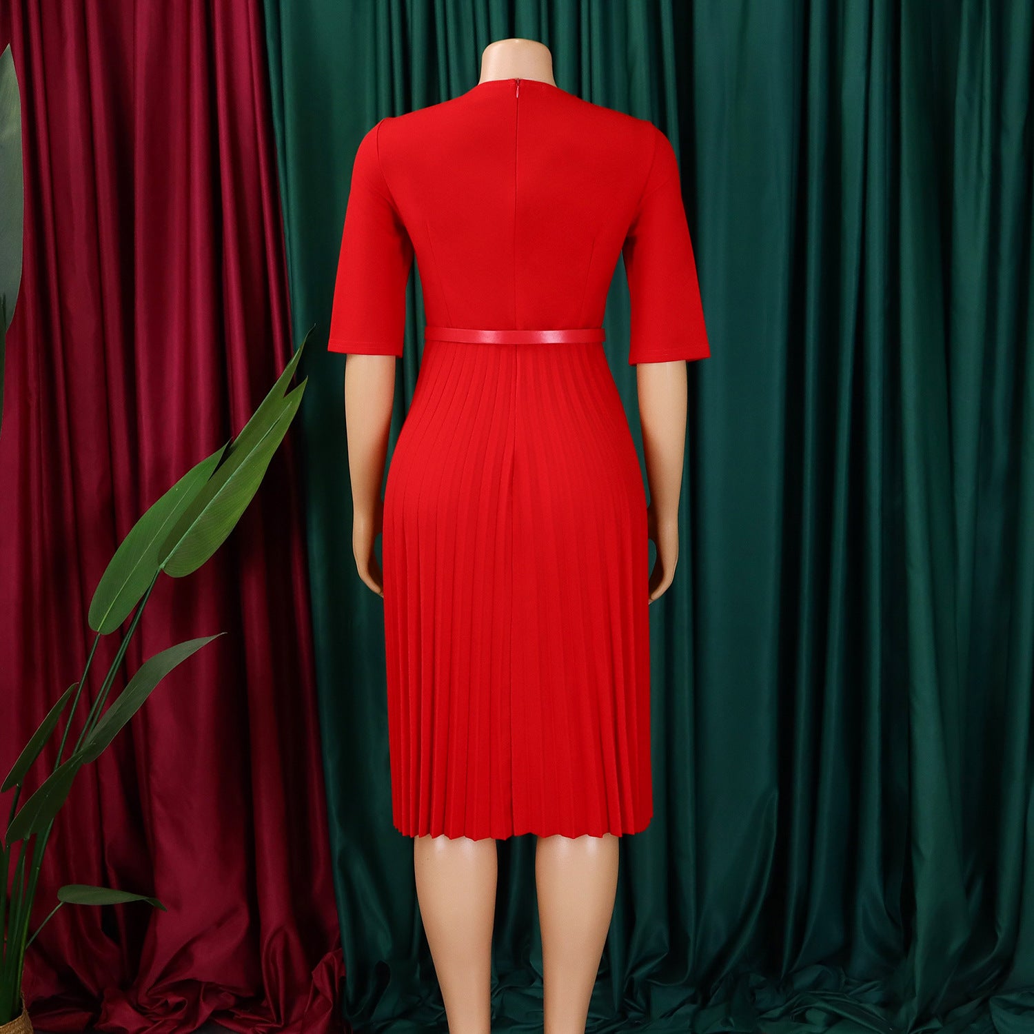 Plus Size Women's Summer Fashion Solid Color Elegant V Neck Pleated African Dress 8