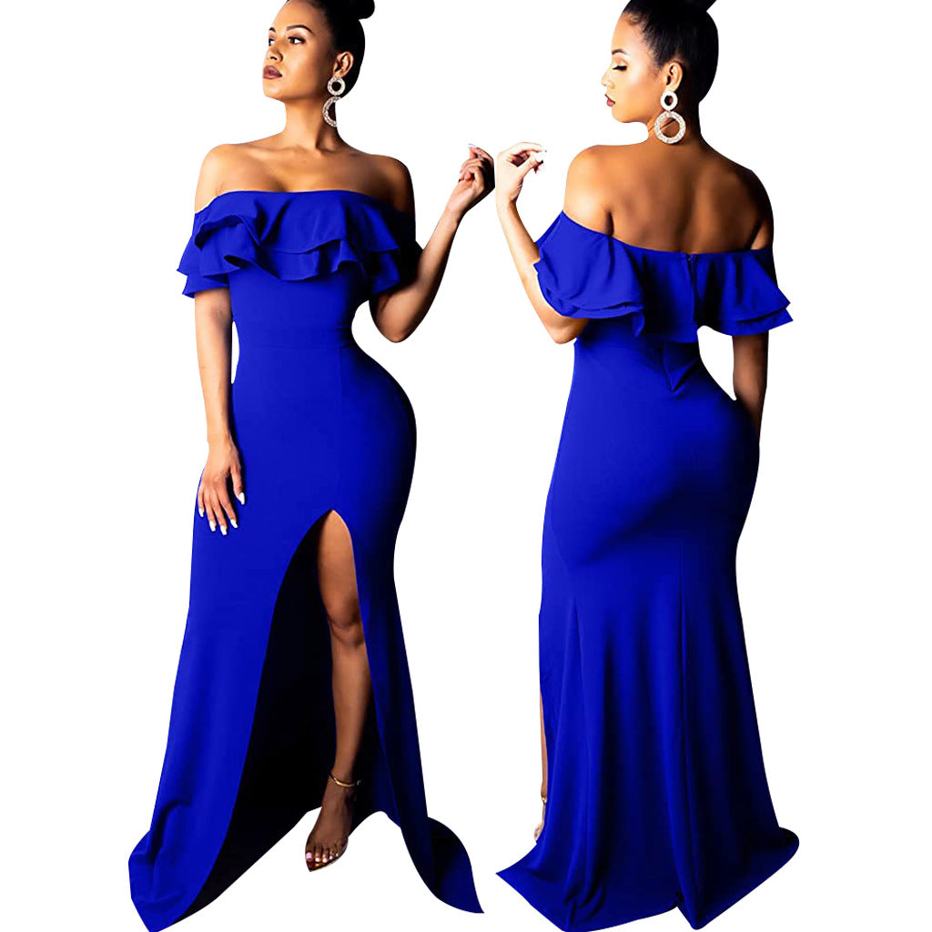 Sexy Fashion Ruffle Off Shoulder Split Dress 3