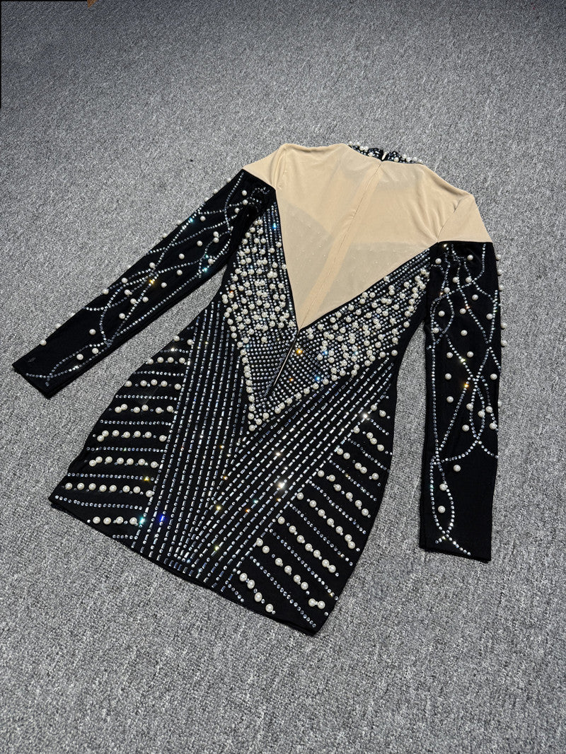 Women See-Through Sexy Beaded Pearl Contrast Long Sleeve Dress 13