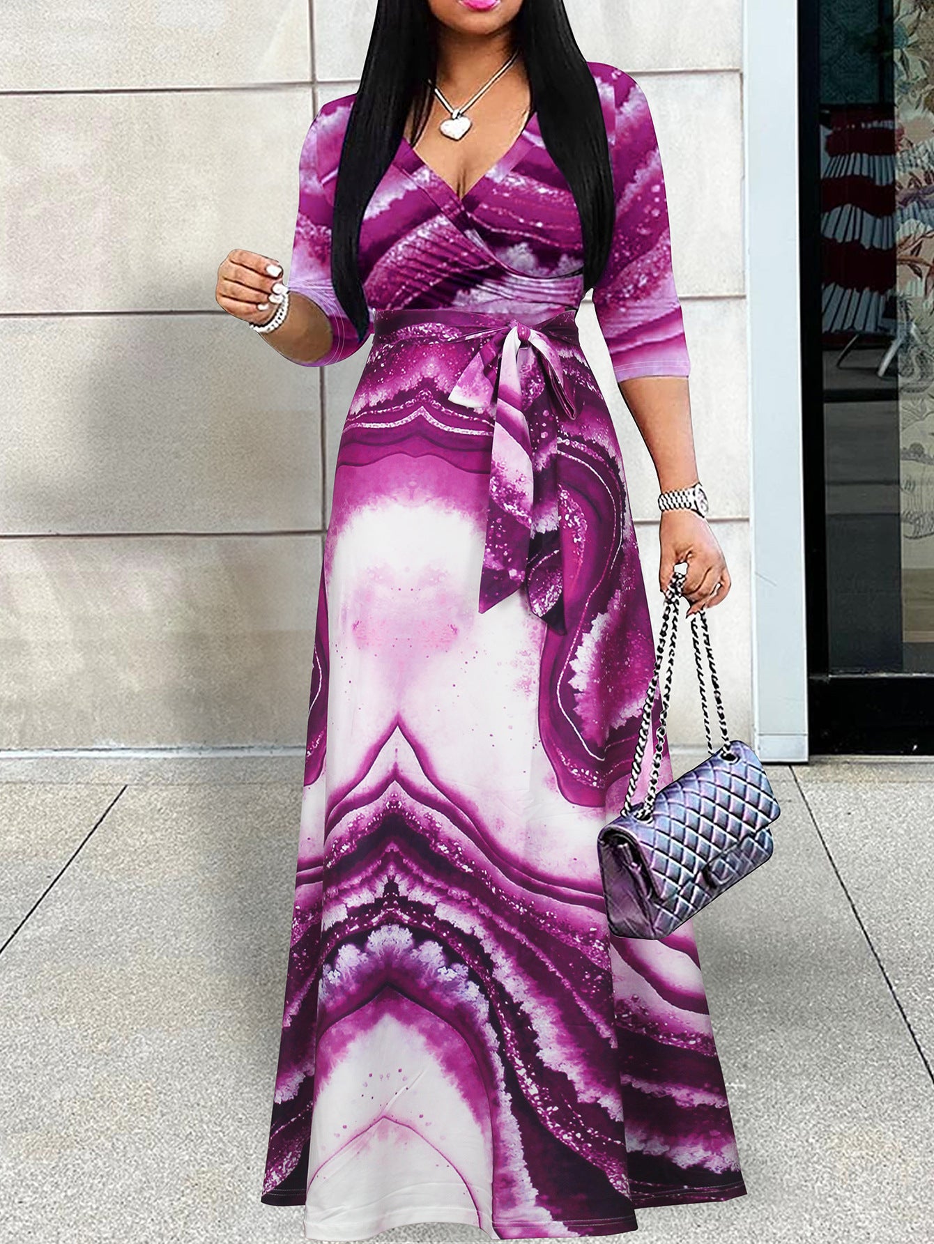 Spring & Autumn Women's Fashion Elegant Wrap V-Neck Half-Sleeve Print Belt Maxi Dress 34