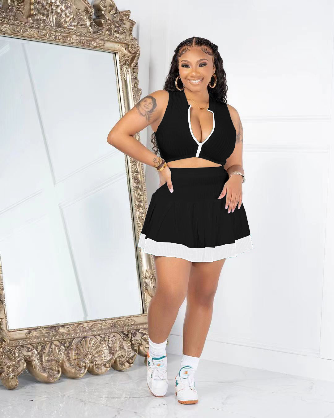 Women Casual Sexy Colorblock Zipper Top And Pleated Skirt Two-Piece Set 6