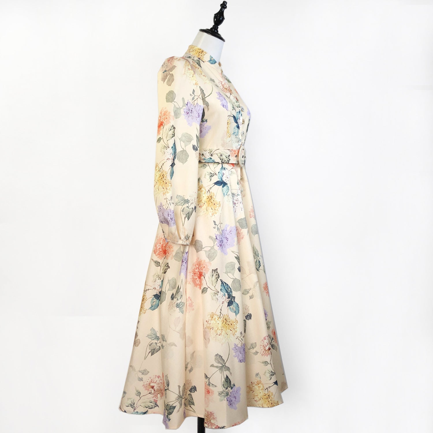 Elegant Print Row Jewelry Button Floral Lantern Sleeve Midi Dress with Belt 16