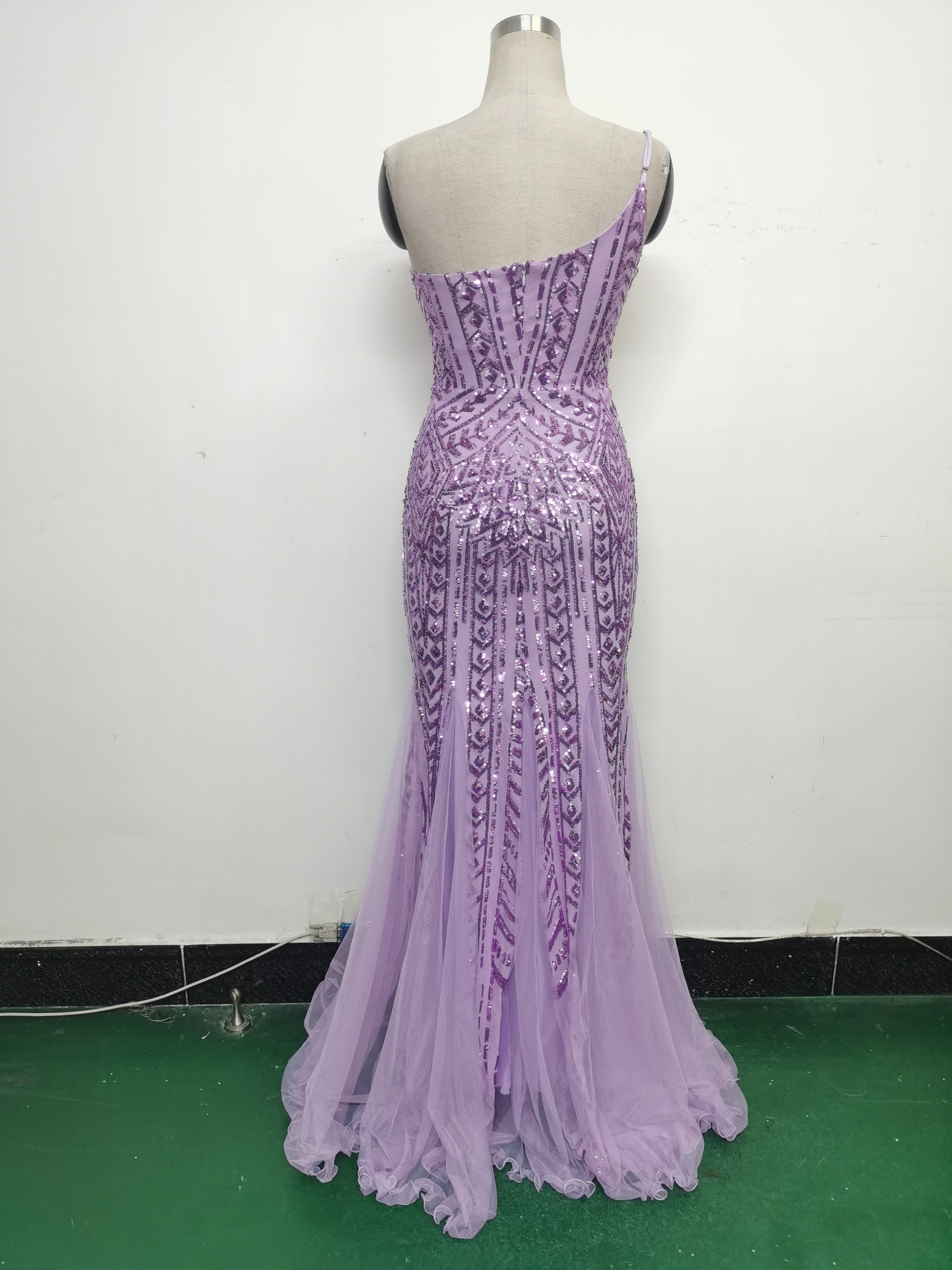 Sexy One Shoulder Sequins Mesh Patchwork Evening Dress 61