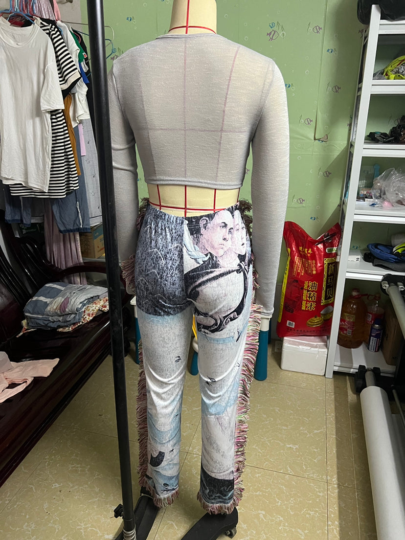 Fall Casual Fashion Women's Multi-Color Pattern Fringed Pants 9