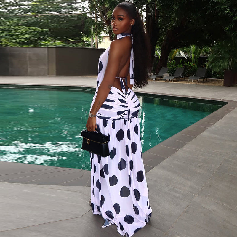 Black White Polka Dot Women's Slit Print Irregular High Neck Tie Low Back Dress 4