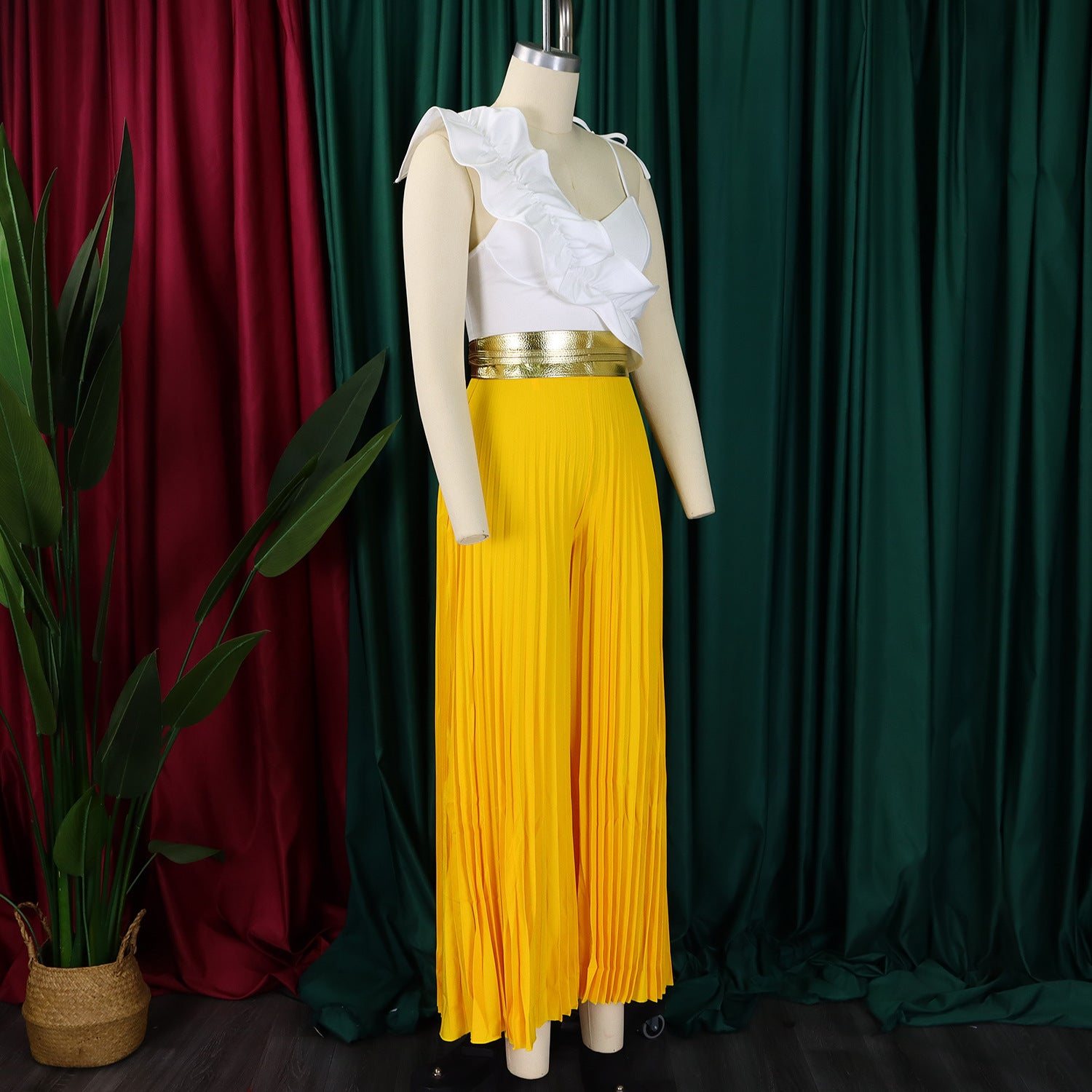 Women's Sexy Ruffle Sleeveless Top Wide Leg Pants Fashion Suit 21