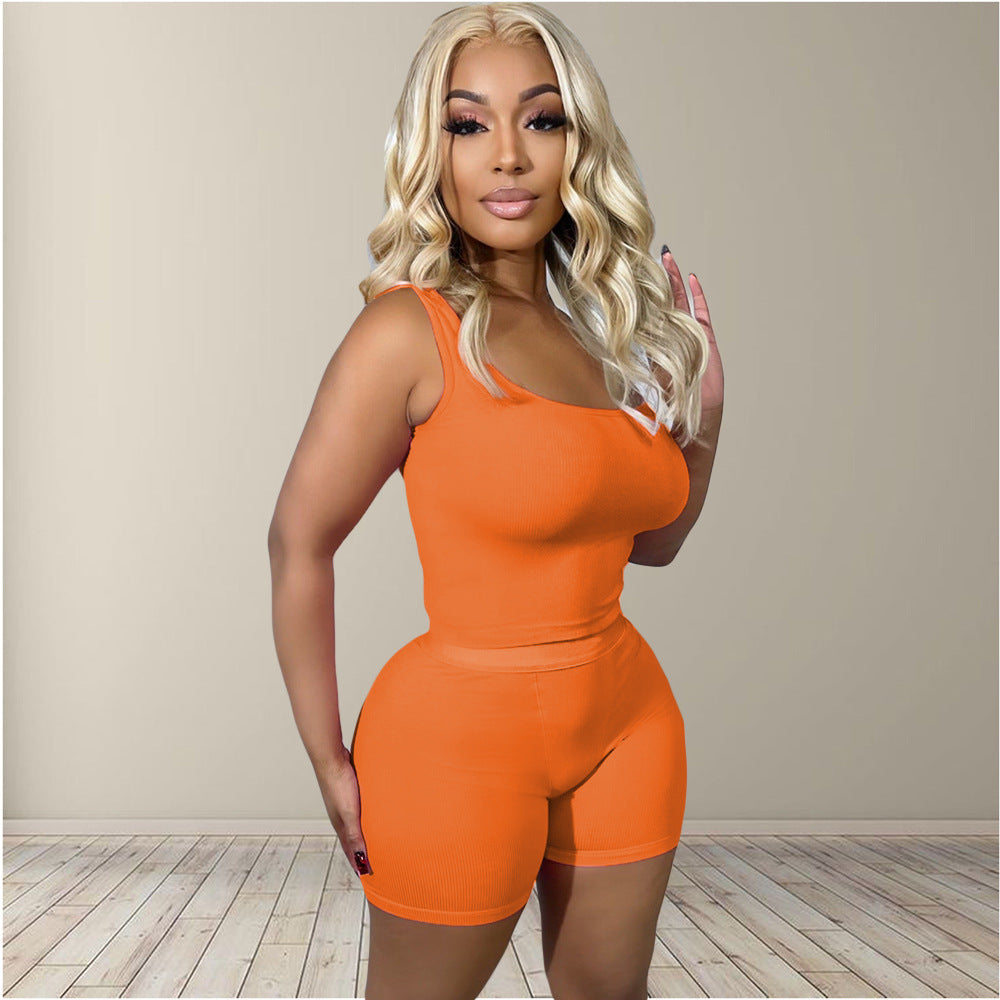 Women Solid Ribbed Top and Shorts Sports Two-Piece Set 6