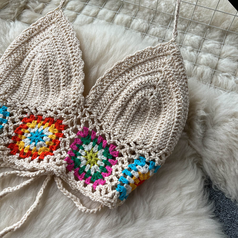 Women Summer Crochet Flower Suspender Top and Wide Leg Pants Retro Two-piece Set 15