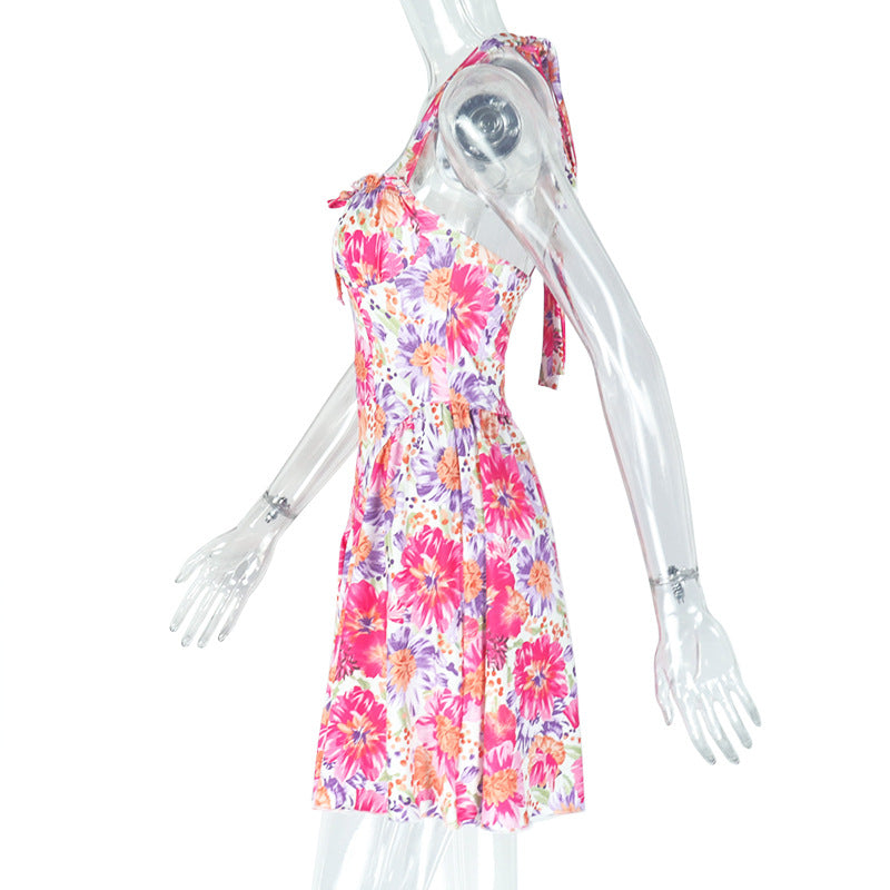 Women Printed Painted Sexy Backless Halter Neck Off Shoulder Dress 8