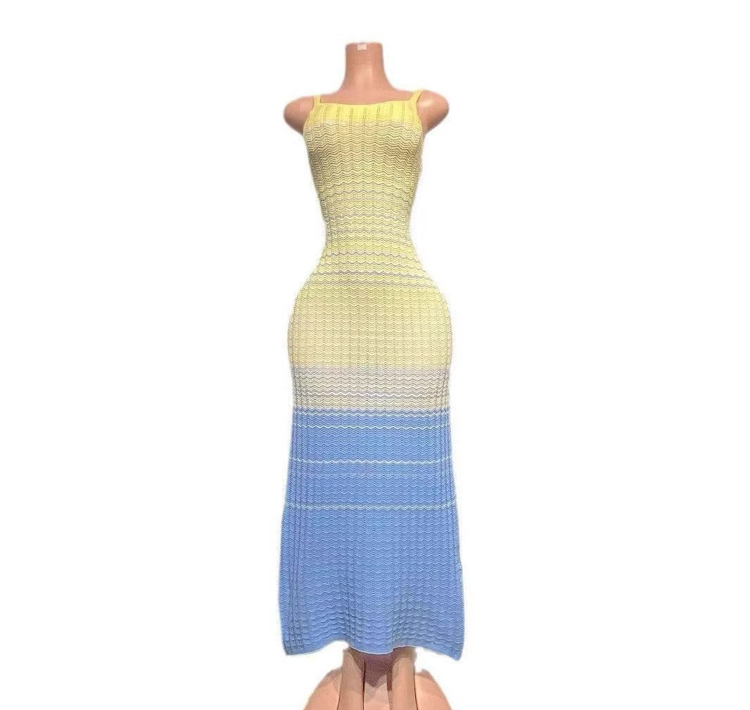 Gradient Striped Knit Sleeveless Strappy Slim Waist Slim Fit Dress 3