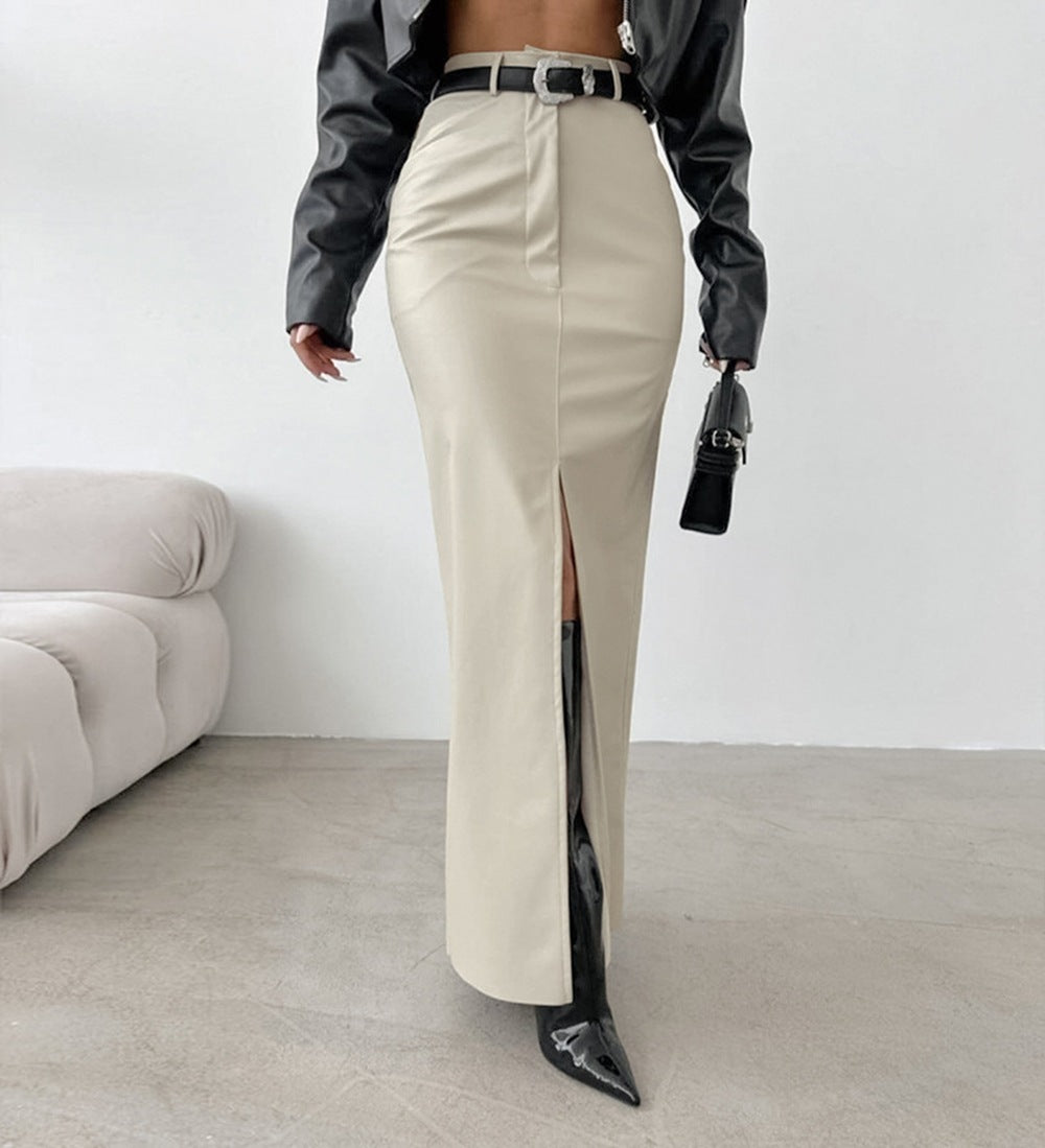 Women Slit Solid Pu-Leather Skirt 11