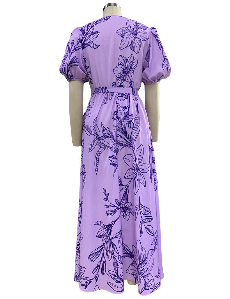 Summer Ladies Fashion V Neck Loose Maxi Print Dress 17