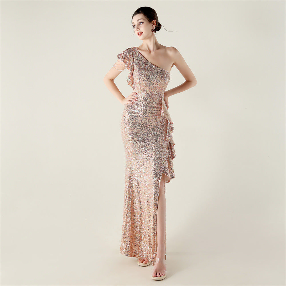 Women one-shoulder ruffled dangling beaded chain sequined Formal Party evening dress 6
