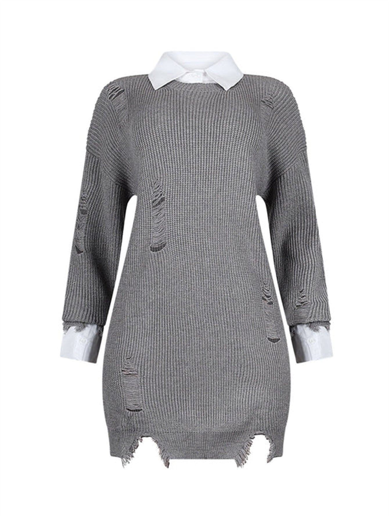 Ripped Casual Loose Solid Color Fashion Turndown-Collar Irregular Mini Dress 10