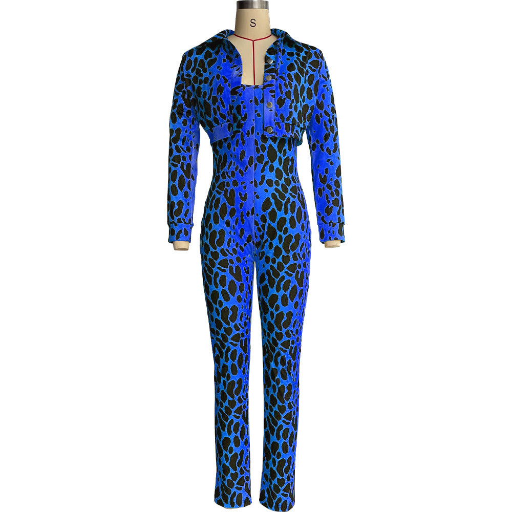 Women Casual Printed Jumpsuit and Coat Two-piece Set 13