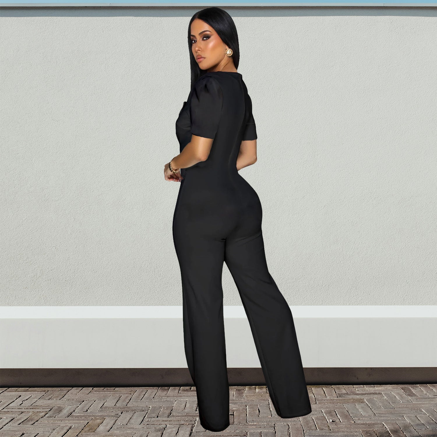 Fashion Women's Short-Sleeve Wide-Leg Button Jumpsuit