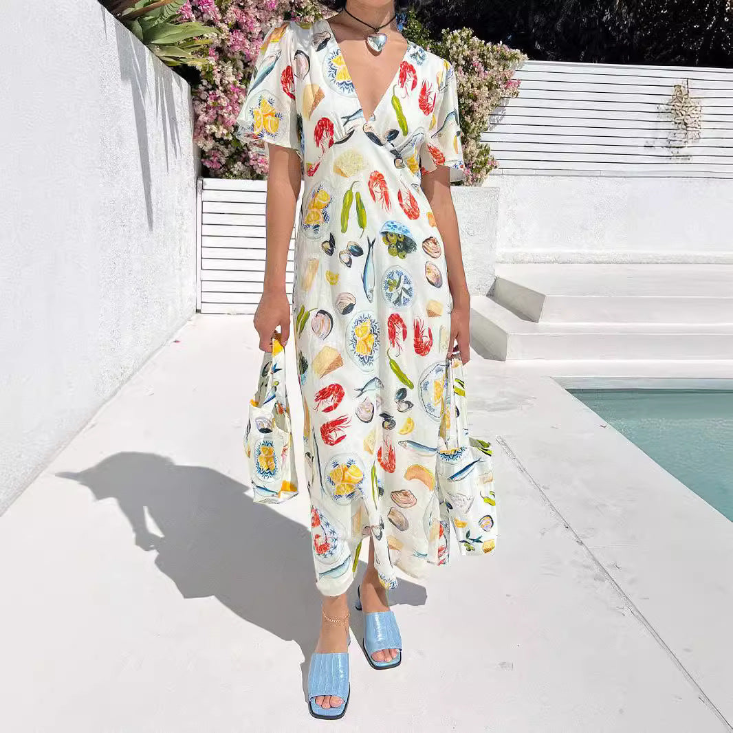 Women Vacation V-Neck Printed Casual Dress 3